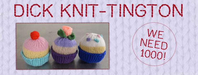 Poster with a photo of three knitted cup cakes with text reading