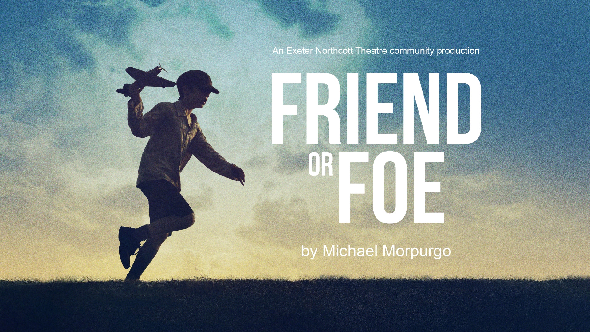 Friend of Foe promotional image - A young boy dressed in war era clothes runs across a field with a toy airplane. The horizon is lit up.