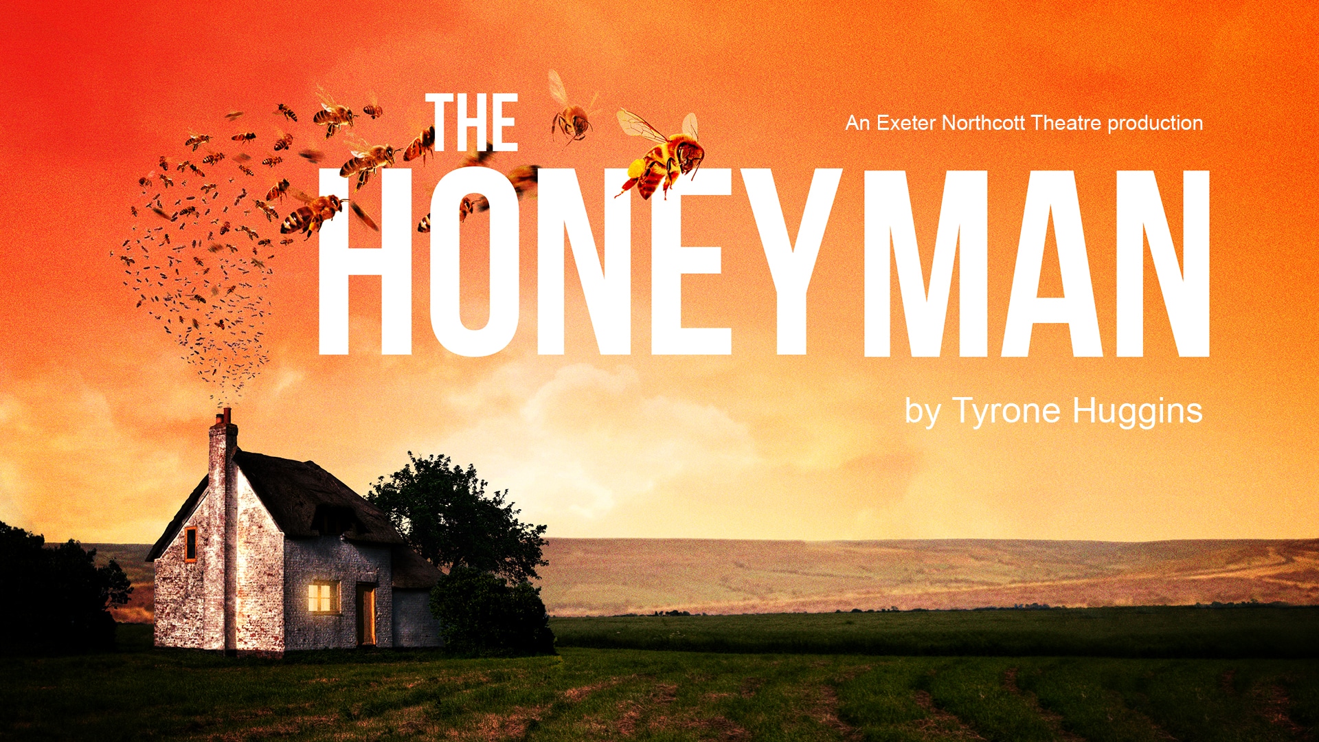 The Honey Man promotional image - a swarm of bees flies out of the chimney of a lonely cottage against a bright orange background