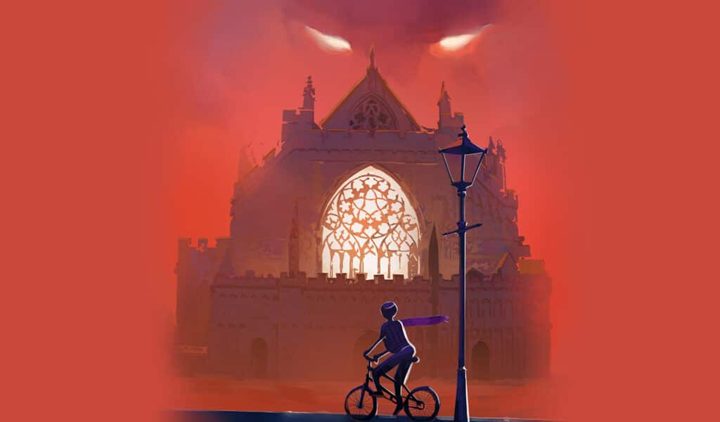 An illustration of Exeter Cathedral with a shadowy figure on a bicycle and fiery eyes in the clouds