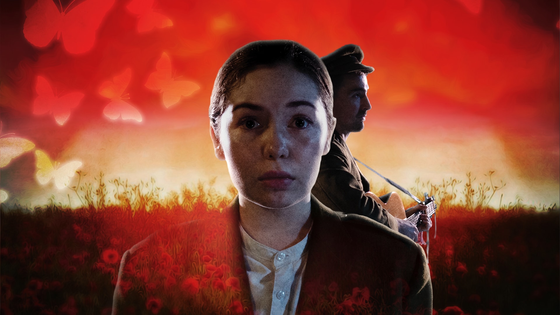 Private Peaceful promotional image - A child in the foreground, wide-eyed, the silhouet of a soldier against a bright red background behind them