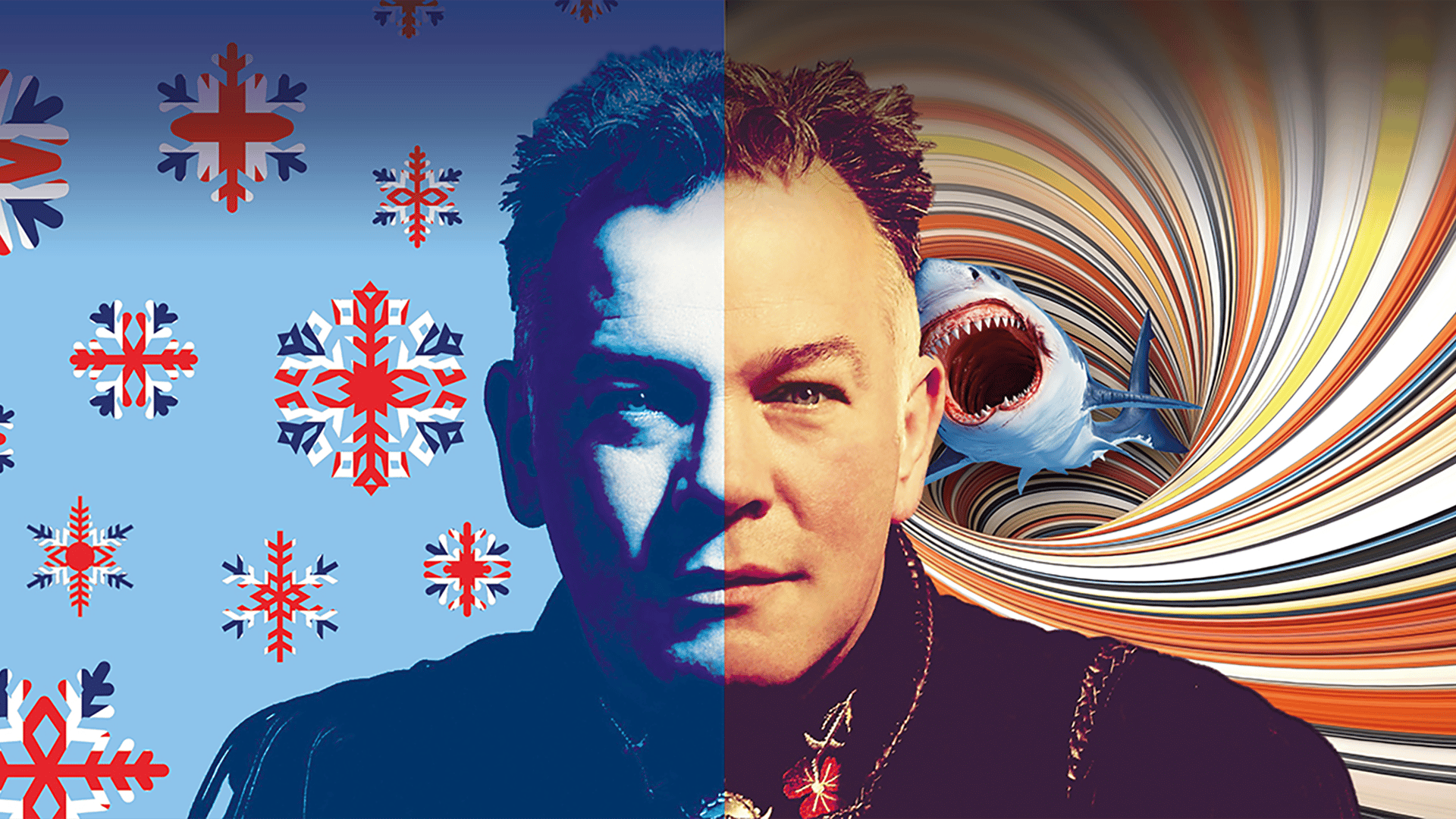 Stewart Lee promotional image: The man himself in the centre, the left side coloured blue, with British flag patterned snowflakes, the right in orange and yellow tones, behind him a tornado swirl with a shark jumping out of the centre