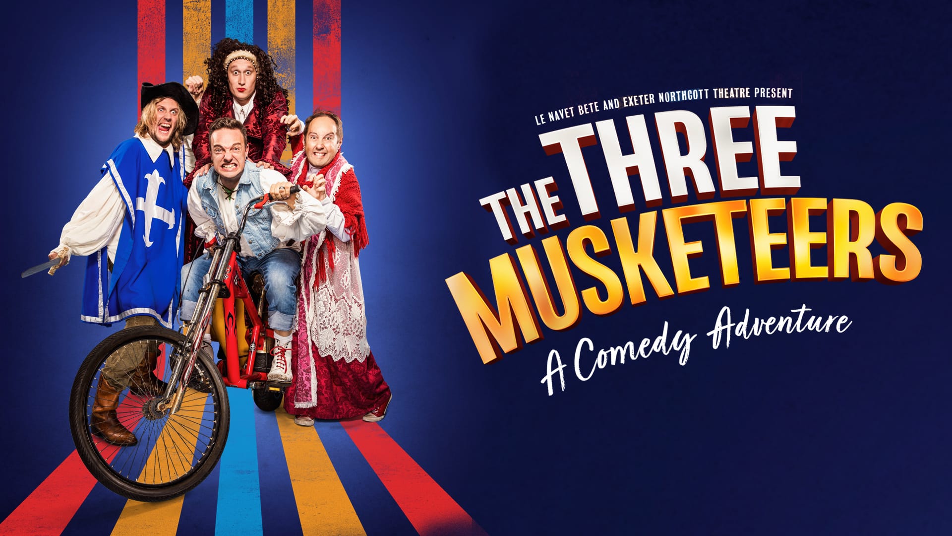 Colourful promotional artwork for The Three Musketeers - A Comedy Adventure. 4 actors in costume staring into the camera in excitement and with some surprise!