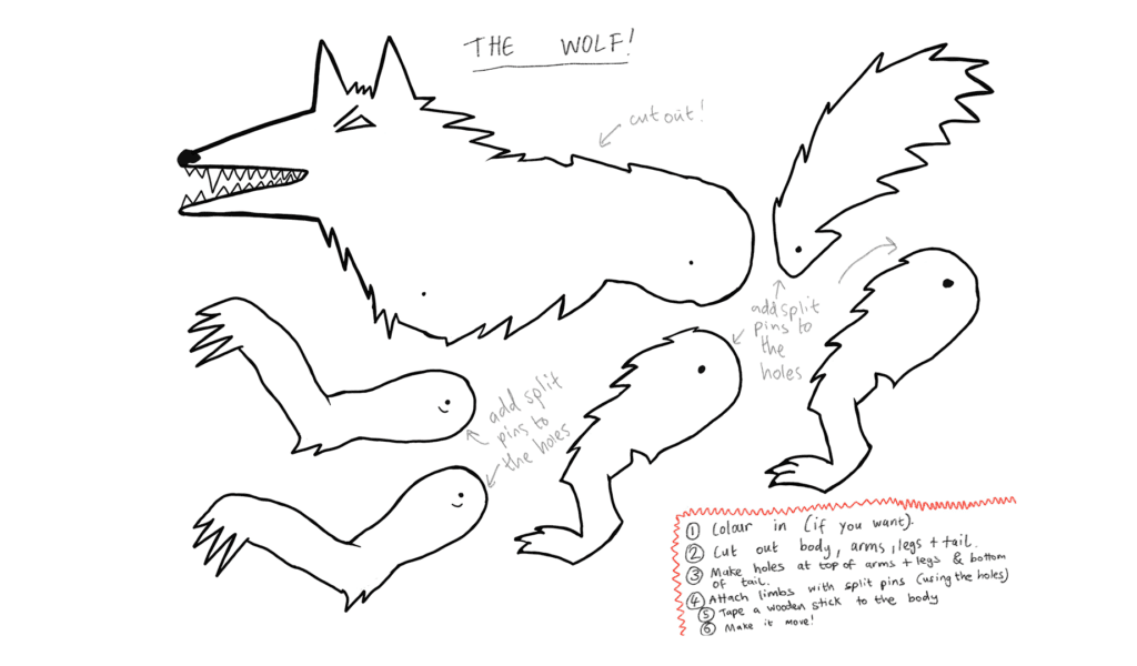 Template to make a paper Wolf: body and head, legs and tail are all separate pieces that can move