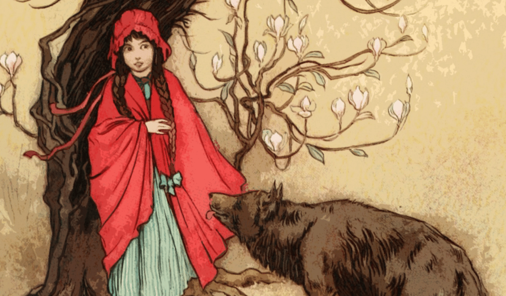 Little Red Riding Hood storybook illustration of Little Red Riding Hood and the Wolf