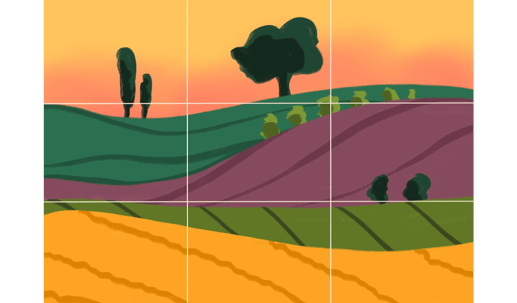 Landscape illustration overlaid with a grid cutting the image into 9 equal parts