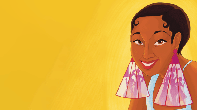 Josephine: illustration of Josephine Baker wearing large earrings against a bright yellow background