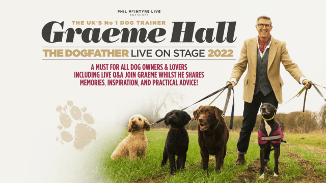 Graeme Hall - promotional image with text, and a man in a field with several different dogs on leashes
