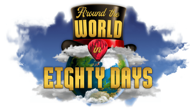 Around the World in Eighty Days artwork - Planet Earth wearing a giant top hat. A hot air balloon sits in front. The background is a blue sky with clouds which envelope the central image.