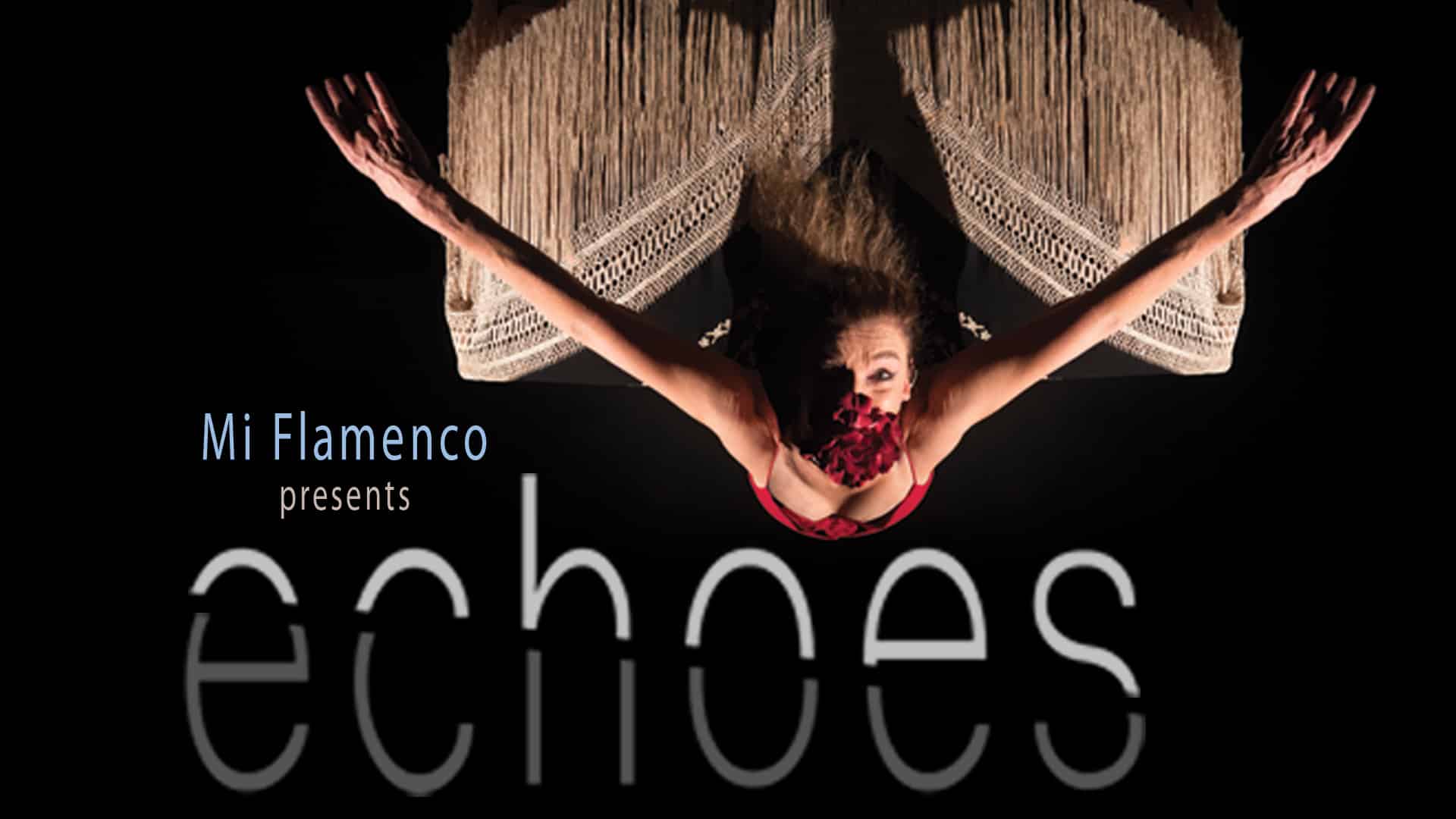 Black Background. Text reads: Echoes. A female dancer appears to be falling through the sky, arms spread like an elegant bird.