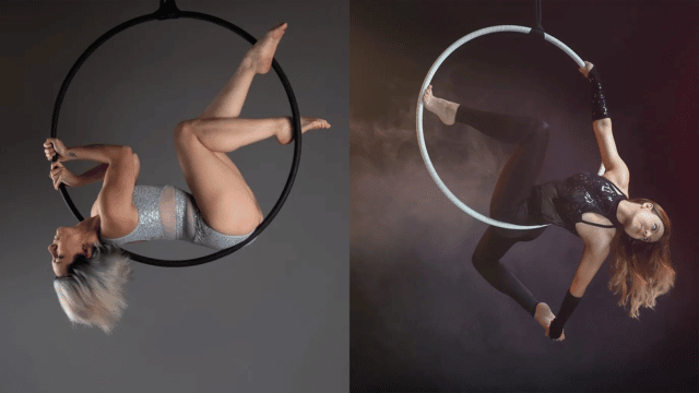 Two women performing aerial hoop