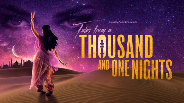 Tales from a Thousand and One Nights Artwork. Background: Desert dunes under a night sky filled with stars. A city silhouetted in the near distance. Foreground. A woman in a purple and peach sari dancing towards the city with one arm in the air. Text on the right-hand side of the image reads: 'Dragonboy Productions presents. Tales from a Thousand and One Nights.