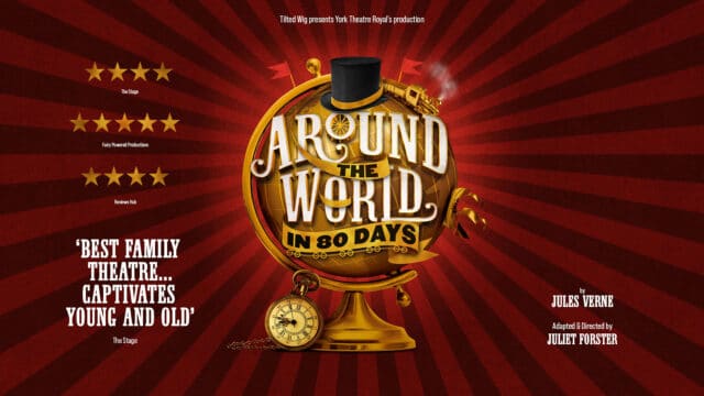 Around the World in 80 Days artwork - A golden globe with a gold ship, gold steam train and a top hat on it. A golden pocket watch sits at it's base. The words