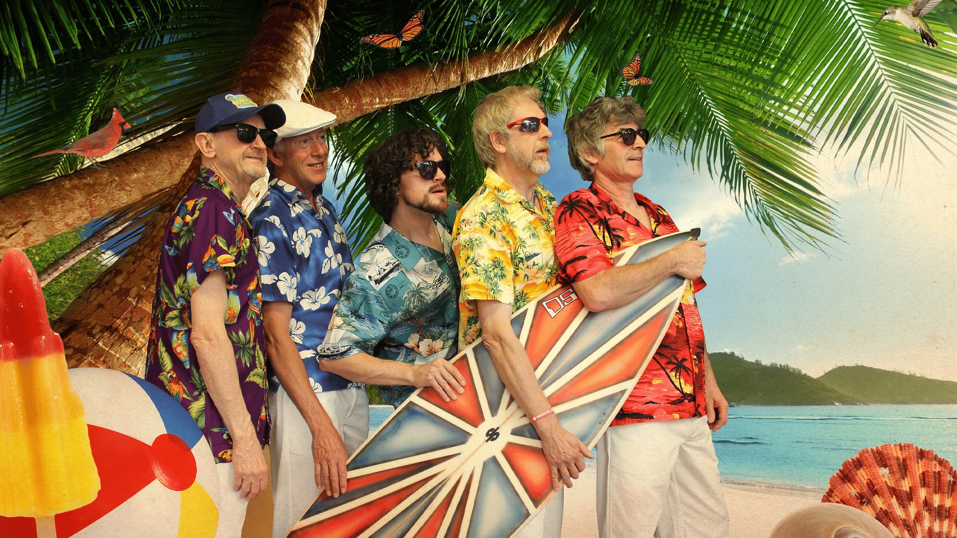 Five men in Hawaiian shirts stood holding a surf board, with a tropical beach in the background and stood under a palm tree with butterflies and birds flying around.