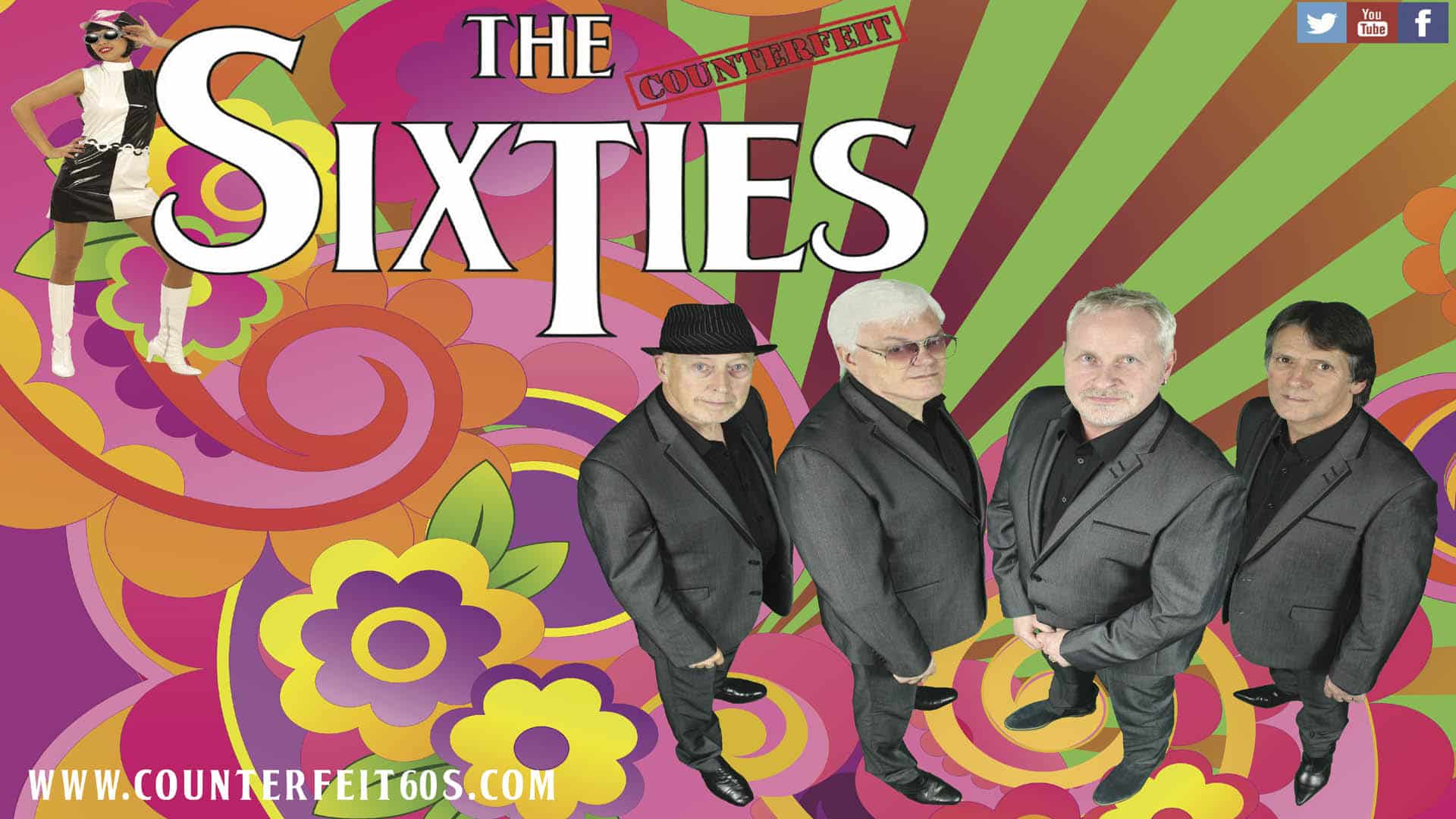 Text reads: The Counterfeit Sixties 4 men in dark grey suits are staring up at the camera. The background is swirls and stripes of pink, orange and green with yellow and purple flowers