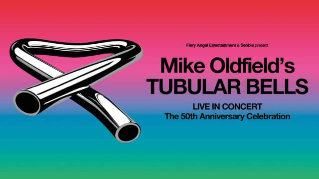 Artwork for Mike Oldfield's Tubular Bells - a twisted metal pipe bent into a heart shape. On a background made up of a colour spectrum of red, pink, blue and green. Text reads: Fiery Angel Entertainment & Senbla present Mike Oldfield's Tubular Bells; Live in Concert; The 50th Anniversary Celebration