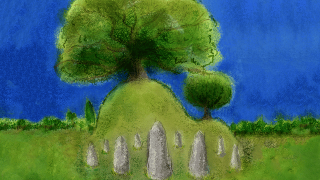 A watercolour illustration with deep colours, or a small hill with a big oak tree on top, surrounded by standing stones.