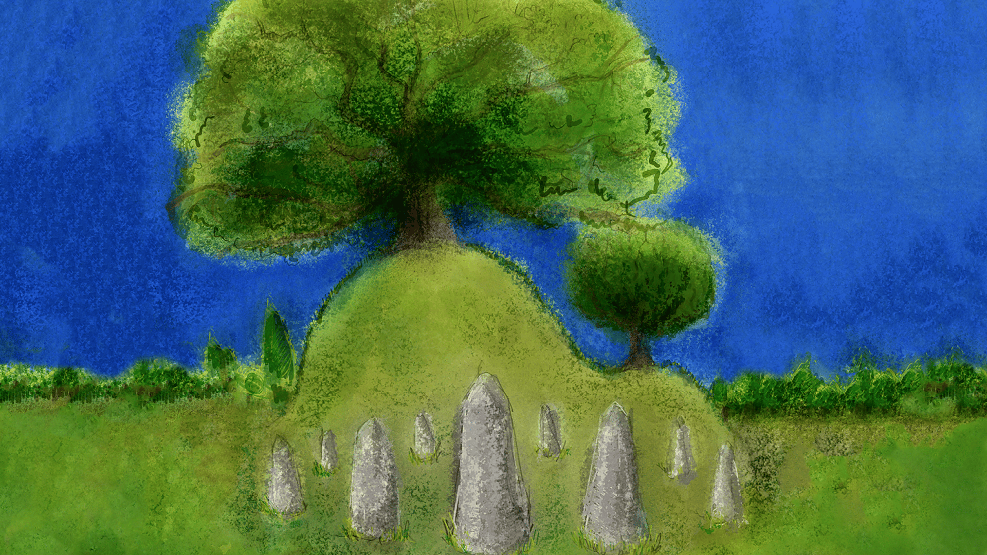 A watercolour illustration with deep colours, or a small hill with a big oak tree on top, surrounded by standing stones.