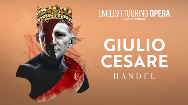 Promotional image for English Touring Opera's Giulio Cesare by Handel. Shows a statue bust of Julius Cesar, overlaid with colour images: a crown made of mosaic pieces on his head, a bright red sash over his shoulder.