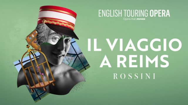 Promotional image for ETO's Il Viaggio A Reims by Rossini. Show the statue bust of a man, overlaid with colourful images: a red and white kepi (cap) on his head, a golden cage beside him, and a suitcase and window behind him.