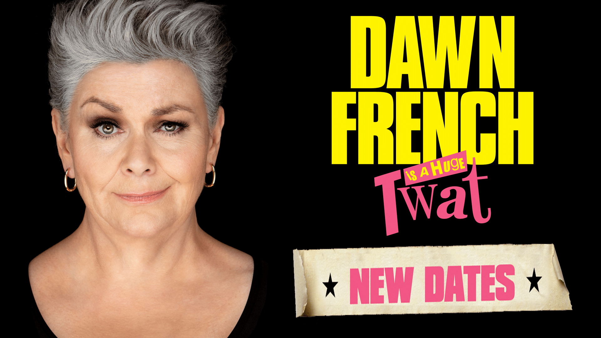 Promotional Image: A headshot of Dawn French smirking, with one raised eyebrow. The text above her head reads (top to bottom) 'DAWN FRENCH IS A HUGE Tw*t'. Written across the bottom, as if on a paper banner, the words 'NEW DATES'.