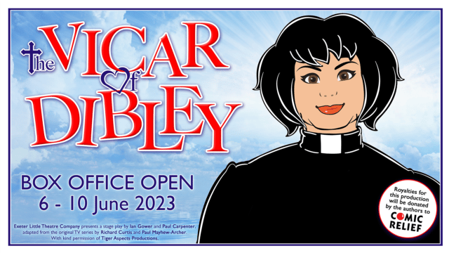 The Vicar of Dibley. Illustration of a female vicar with short dart hair and red lips. Text in a roundel reads: Royalties of this production will be donated by the authors to Comic Relief.