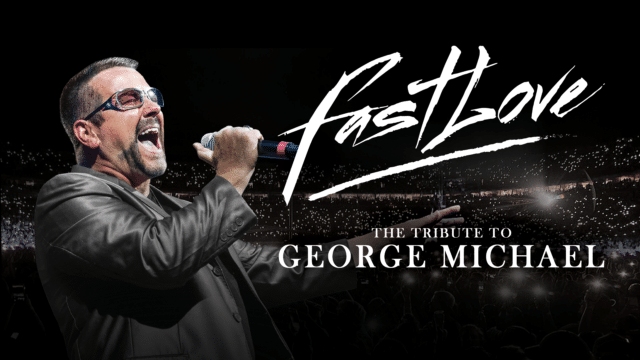 Fastlove promotional image - The George Michael tribute artist wearing a dark suit and tinted glasses, singing into a microphone. The background is of a huge stadium audience in the distance. Text reads: Fastlove The Tribute to George Michael