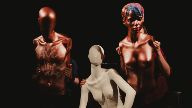 On the left: A bronze coloured dummy's head and torso being held by a person hidden behind. The words 'Free Will' are written on the torso. On the right: A second armless bronze dummy being held in the air by another hidden person. This one has blue, purple and red coloured hair and a face with make up applied. In the middle: a white, faceless dummy in a seated position, lower down the other two dummies. The background is black.