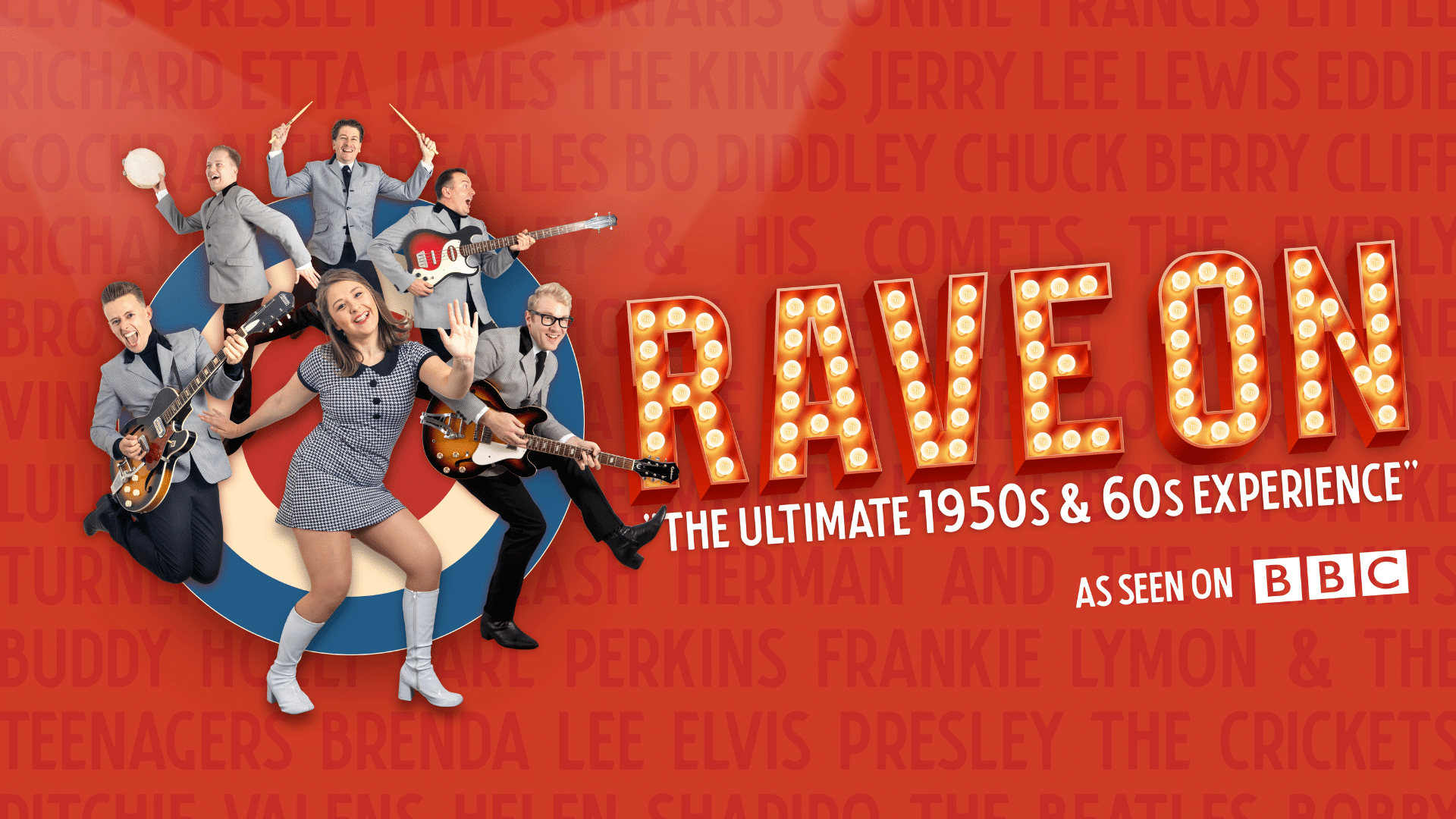 Rave On promotional image - The Bluejays band in grey 60s style outfits holding musical instruments and jumping in the air, in front of a blue, white and red target. Text reads: Rave On