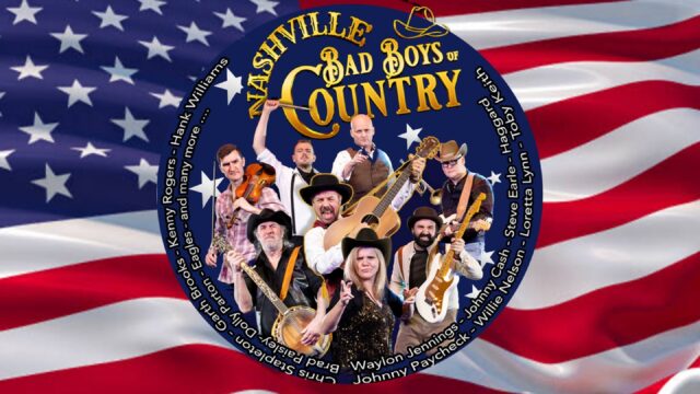 Nashville Bad Boys of Country artwork - background is the USA flag. In a blue circle in the centre are the members of Nashville Bad Boys of Country, wearing cowboy hats and holding their various instruments.