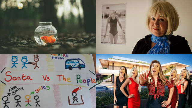Futures Festival 2023 - Scratch Night promotional image - A grid of four images for the scratch night. Top left: Margarine artwork. A goldfish swimming in a glass fish bowel, laid on a leaf-ridden woodland floor. Top right: What would Sharron Davies do? production photo. A woman dressed as Sharron Davies, wearing a blonde bowl cut wig and a blue scarf, stands beside a black and white vintage photo of synchronised swimmer Sharron Davies, hung on a beige wall. Bottom left: Santa vs The People artwork. Four 'stickman' style drawings depicting events from the play: two police officers arresting Rudolph the red nose reindeer; a blue Amazon delivery van; Santa's elves in a courtroom; Santa on the witness stand. Text in the centre of the artwork reads: 'Santa vs The People'. Bottom right: CHARLOTTE 2.0 artwork. A stock image of five woman wearing red or black dresses stood as a group in front of a large luxury villa. The woman in the centre of the group is holding up a house key. Charlotte Evans has crudely photoshopped her own face over the faces of these women.