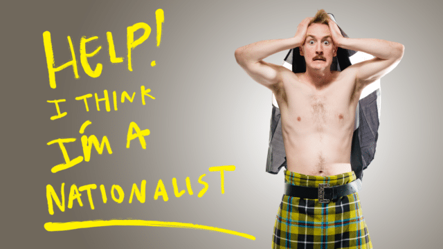 Help! I Think I'm a Nationalist promotional photo - Seamas Carey, shirtless, wearing a yellow and black Cornish tartan kilt and a black and white Cornish flag draped around his back. He has his hands pressed against the sides of his head and he stares forward with a look of dismay on his face. On the left: yellow handwritten style text reading: 'Help! I Think I'm a Nationalist'. The background is a grey and white radial gradient.