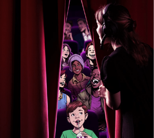 Photo of a woman with technician's headphones peeking through the curtains into an auditorium filled with illustrated characters.