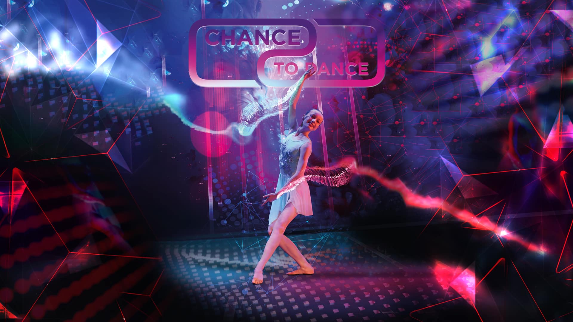 Chance To Dance 2023 promotional image - A young female dancer in a ballet dress dancing, in blue and red light. There are lots of shapes floating around the image and text reading: 'Chance To Dance'.