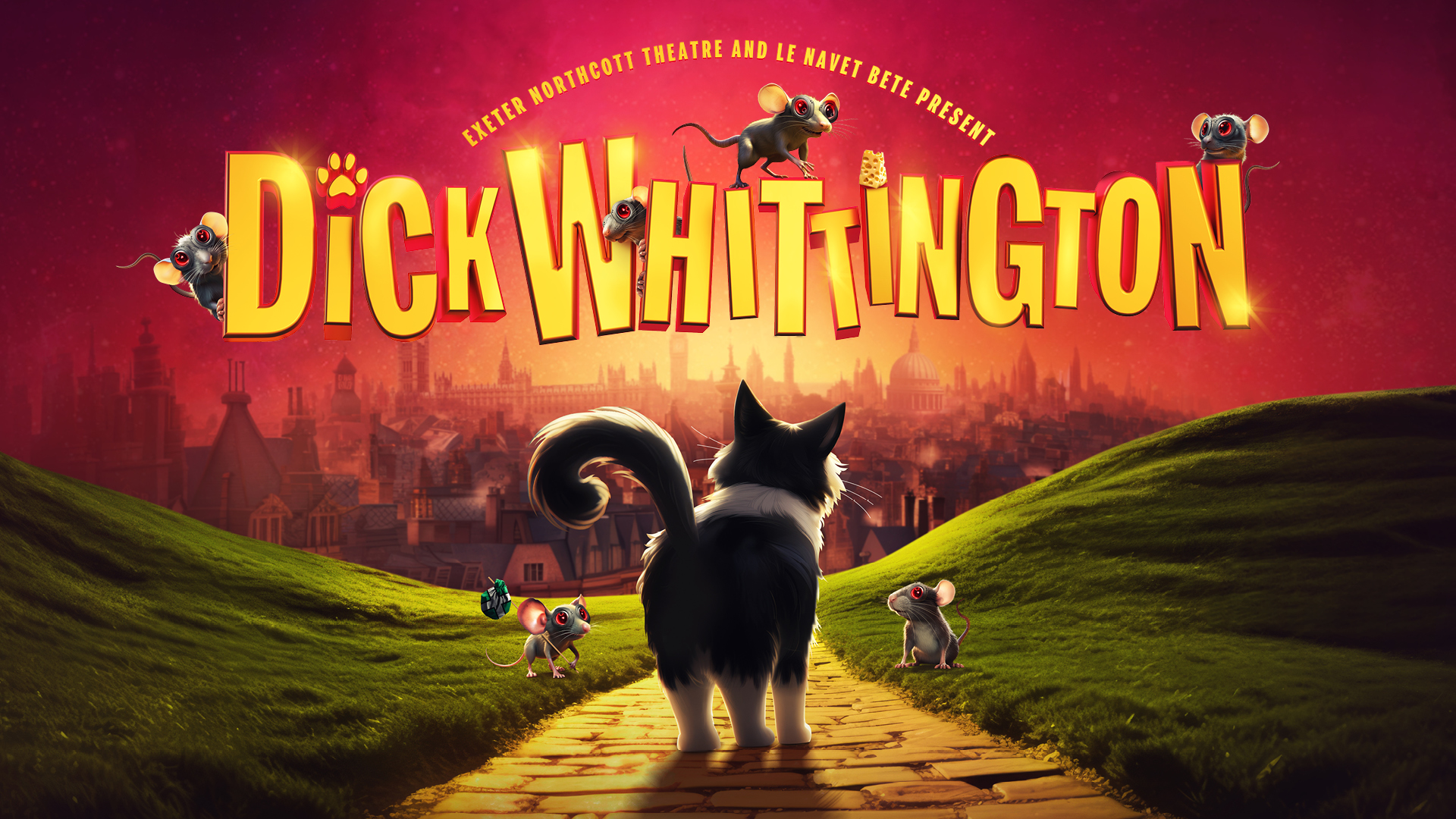 Exeter Northcott Theatre and Le Navet Bete's Dick Whittington artwork. Background: a foggy panorama photo of the city of London, with iconic buildings such as Big Ben, the Houses of Parliament, and St Paul's Cathedral. The cityscape is washed over with a burgundy haze. Foreground: A black and white cat (black body, white neck collar, white paws) looks towards the cityscape and we see them in near silhouette. They are stood on a yellow-brick path, with green grassy hills either side of them. On the hills, grey rats with large red eyes. On the left hand side of the cat, a rat holds a stereotypical hobo sack on a stick. At the top of the artwork, gold text reads: 'Exeter Northcott Theatre and Le Navet Bete present Dick Whittington.' Another group of rats with large red eyes are playing around the letters in 'Dick Whittington'. A cat paw icon replaces the dot on top of the letter 'I' in 'Dick', and a block of cheese replaces the dot on top of the second letter 'I' in 'Whittington.