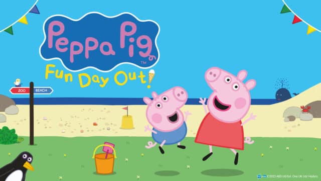 Peppa Pig's fun Day Out Promotional Artwork: Peppa and George (both 2D cartoon pigs) jump excitedly on a green patch of grass; the background is a beach scene, with a bucket and spade, a sand castle, colourful bunting, blue sky, a whale in the sea, a crab on some rocks; a small penguin peeks into the frame; text reads 'Peppa Pig Fun Day Out!'.