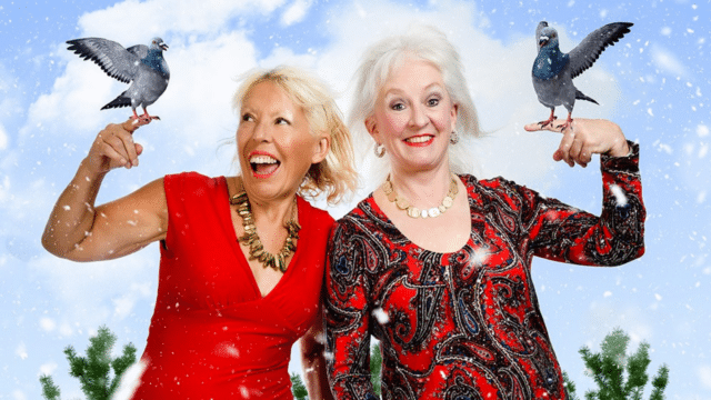 PROMO ARTWORK: Dillie Keane and Barb Jungr both wear red dresses and gold necklaces and smile. They each have a turtle dove perched on their hand.