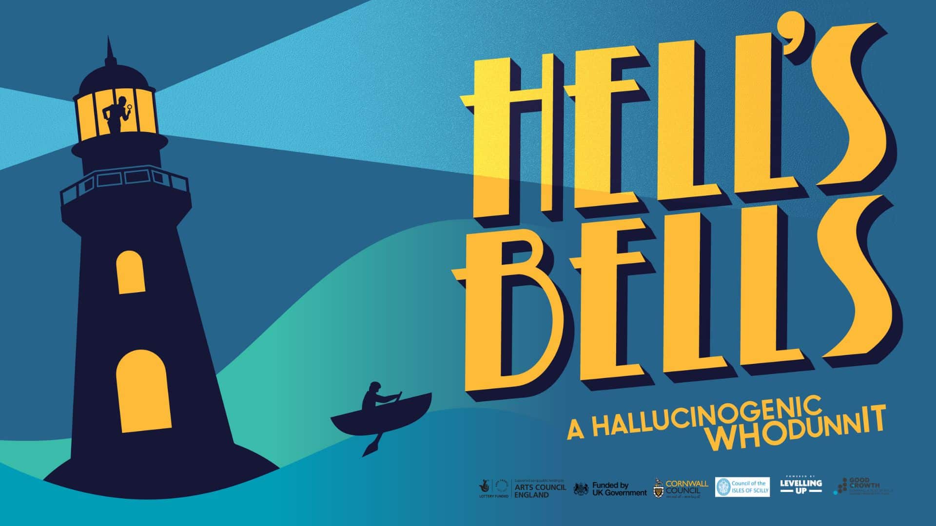 Hell’s Bells artwork. Illustrated. Gradient background of blue and green hues, making the shakes of a rough sea and the sky above it. (Left) A lighthouse beams light across both sides of the artwork. At the top of the lighthouse, a silhouette of a person holding a magnifying glass. Beneath the lighthouse, a silhouette of a person pulling oars in a rowboat. (Right) Yellow text reads: ‘Hell’s Bells. A Hallucinogenic Whodunnit.’