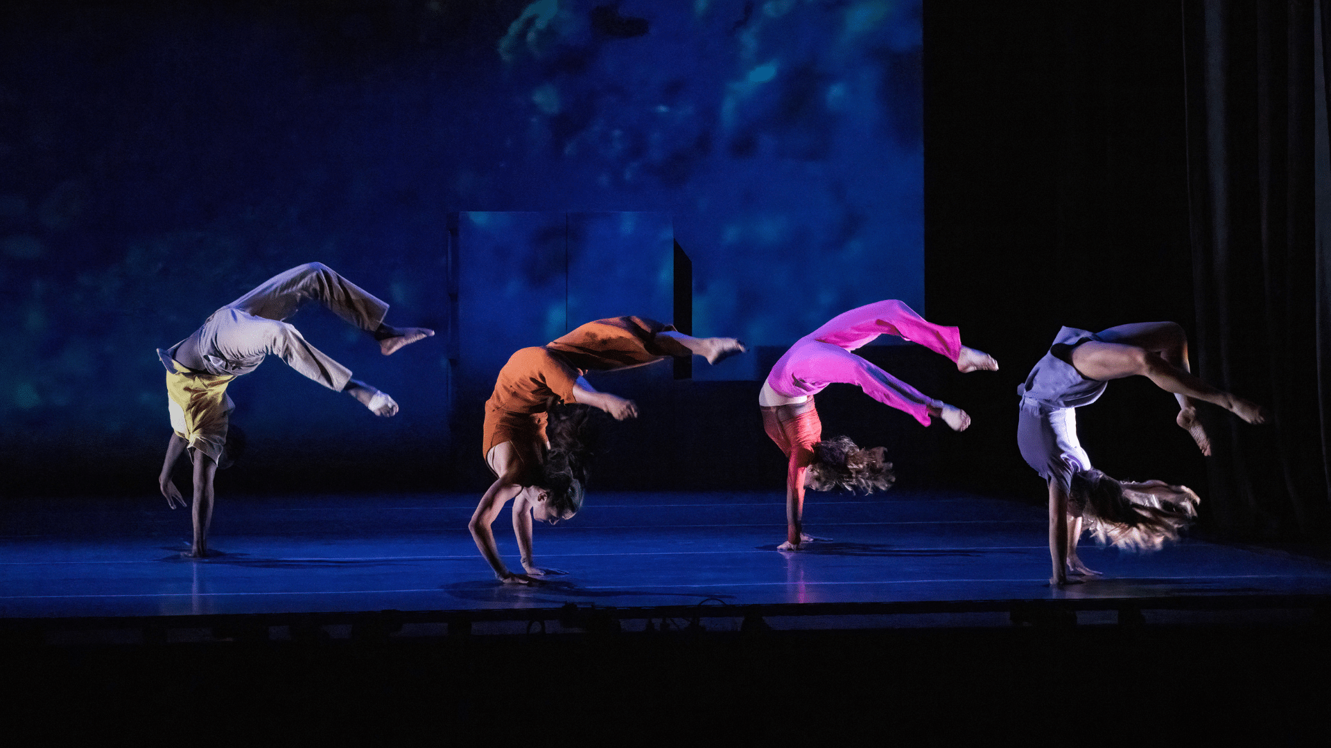 Nobody production photo. Four performers in wearing sports clothes in bright, block colours handstand in a line. Their legs arc gracefully behind their heads to create a 'C' shape with their upside-down bodies.