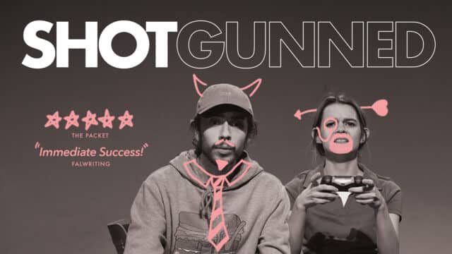 Shotgunned promotional artwork: sepia photograph of two young people sitting beside on another and facing the camera against a plain background, one of them holding a video game controller; neon pink graffiti gives one of them devil horns and a tie, and the other a monocle and goatee; text reads 'Shotgunned'; [5 stars] 'The Packet'; '