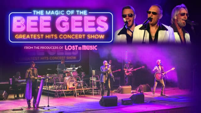 The Magic of the Bee Gees artwork. (Top left corner) A multicoloured neon text sign reads: ‘The magic of the Bee Gees greatest hits concert show.’ Below the neon sign, text reads: ‘From the producers of Lost in Music’. (Top right corner) Three musicians wearing matching black sunglasses, white suit jackets and black shirts with flared collars sing into microphones. (Bottom of the image) A Bee Gees tribute band with (left to right) and keyboardist, drummer, singer, electric guitarist, bass guitarist an acoustic guitarist perform on a stage filled with purple haze.