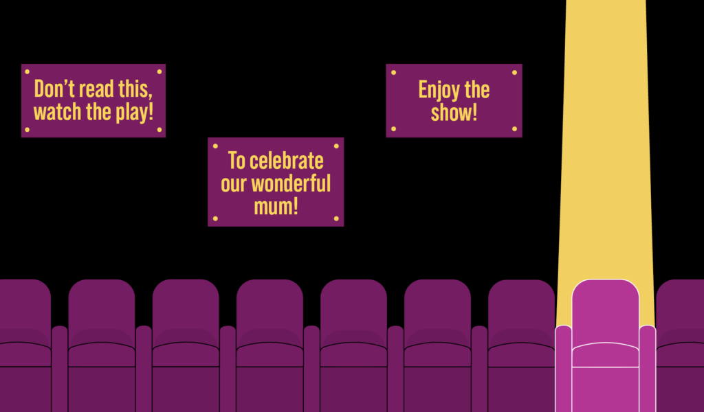 Adopt a seat campaign artwork. Black background. At the bottom of the image, a row of purple coloured theatre seats with black outlines. One of the seats close to the right edge of the artwork is lit by a yellow spotlight beam, changing its colour from purple to pink it is outline colour from black to white. Above the seats, purple coloured plaques with yellow dot screws in each corner of the plaque. Yellow coloured text on each plaque reads (left to right): 'Don't read this, watch the play!'; 'To celebrate our wonderful Mum!'; 'Enjoy the show'.