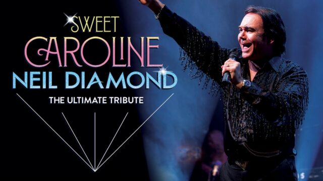 Sweet Caroline promotion artwork. Right: Gary Ryan dressed as Neil Diamond, wearing a black cowboy shirt with tassels on the sleeves and shoulders. He holds a microphone in one hand and lifts his other arm in the air as he sings. Left: Text which reads: Sweet Caroline - Neil Diamond: The Ultimate Tribute.
