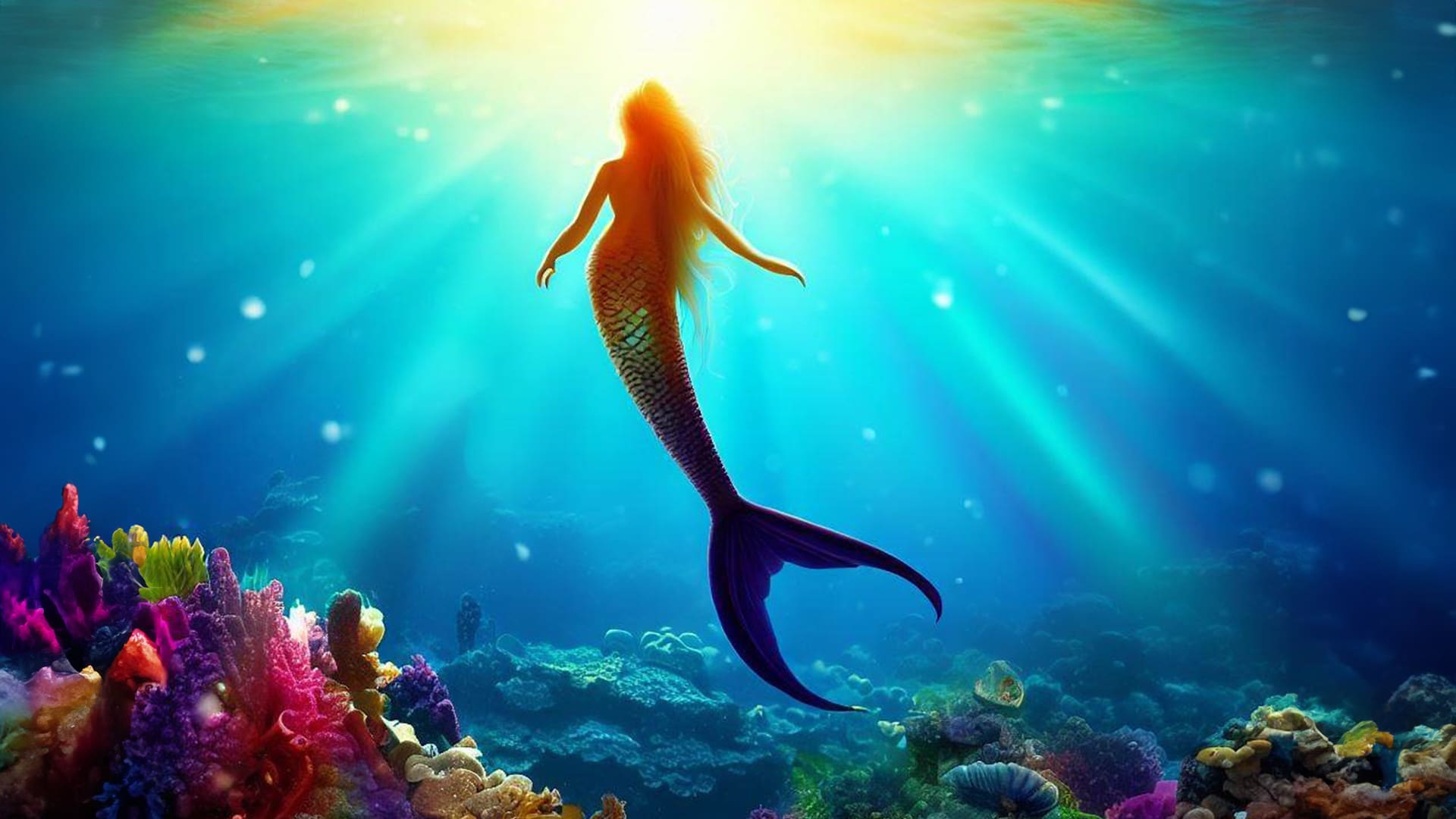 Stage by Stage The Little Mermaid artwork. Underwater, in the ocean. A mermaid with long hair, green scales and a dark blue tail fin swims above a colourful coral reef. A sun set shines through the ocean surface.