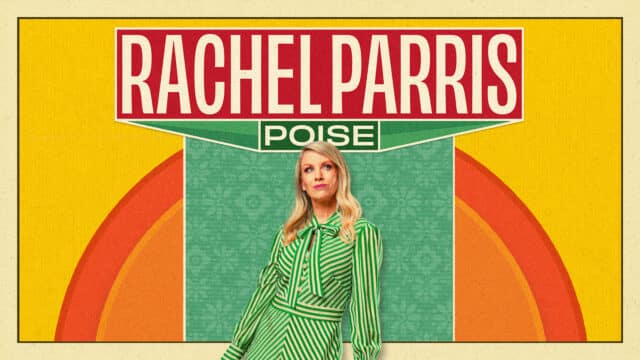 Retro style advert for RACHEL PARRIS: POISE. Rachel is posing in a green and white striped dress. The background is bright oranges, yellow and green.