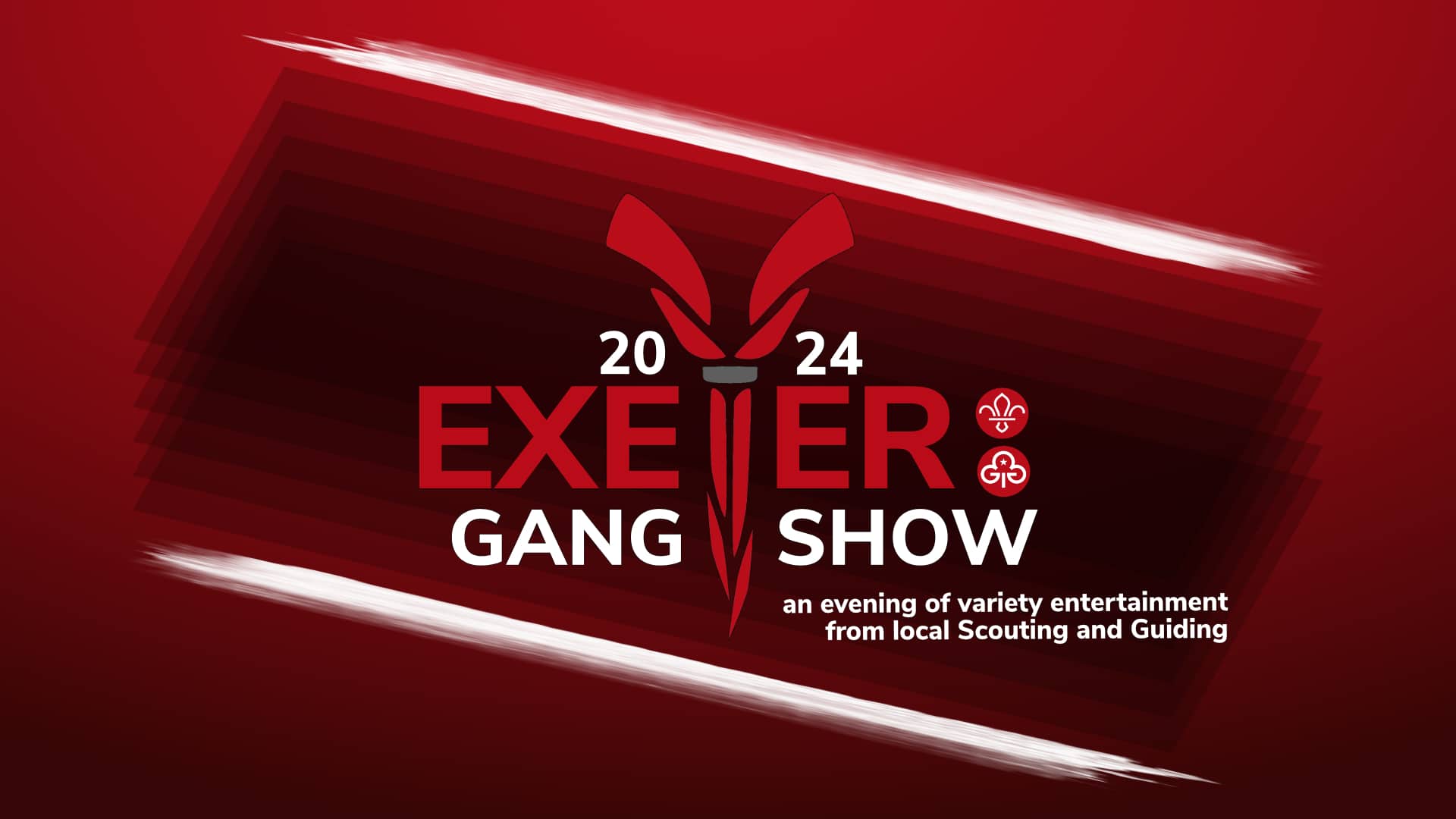 Exeter Gang Show 2024 artwork. Red to black gradient background. (Centre) transparent black rectangle shapes laid over each other. The Exeter Gang Show 2024 logo: A red illustration of a torch in between text that reads: ‘2024 Exeter Gang Show.’ On the right-hand side of the word ‘Exeter’, logos for the Guides and Scouts. Below the word ‘Show’, text reads: ‘an evening of variety and entertainment form local Scouting and Guiding.’