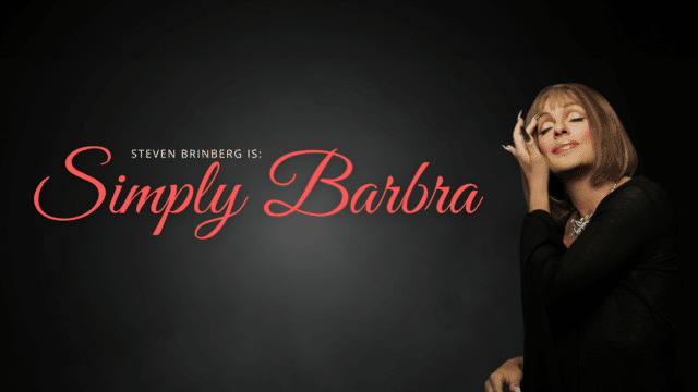 Simply Barbra promotional artwork. Smokey black background. Cursive text reads: 'Steven Brinberg is Simply Barbra'. A photo of Steven Brinberg dressed as Barbra Streisand, with a brunette bob, silver necklace, black dress, and long nails, tucking a lock of fringe from their face.