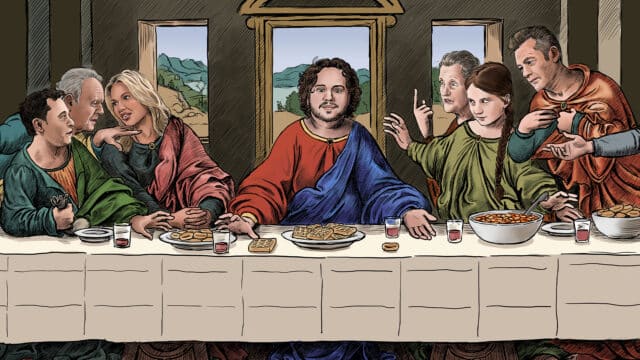 Joe Wells: King of the Autistics artwork. An illustrated parody of Leonardo Da Vinci’s painting 'The Last Supper', featuring Jesus and his disciples sat along a large rectangular table in a spacious room. In this parody, Joe Wells, a young man with curly brown hair, takes the place of Jesus. He is reaching out for snack foods on the table. Jesus’ disciples are also replaced by various popular figures with autism, including Elon Musk, Greta Thunberg and Chris Packham.