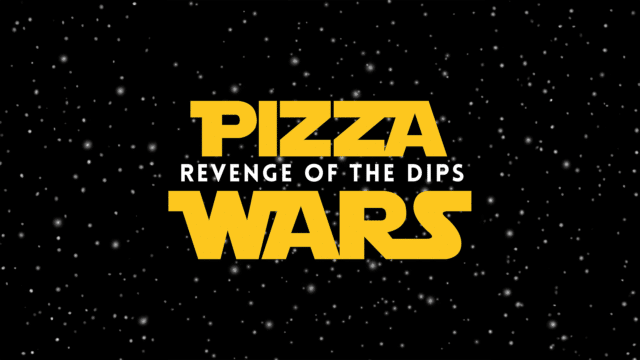 Black background with distant white stars. Block yellow text reads 'PIZZA WARS'. in between the two words, smaller white text reads 'Revenge of the Dips'.