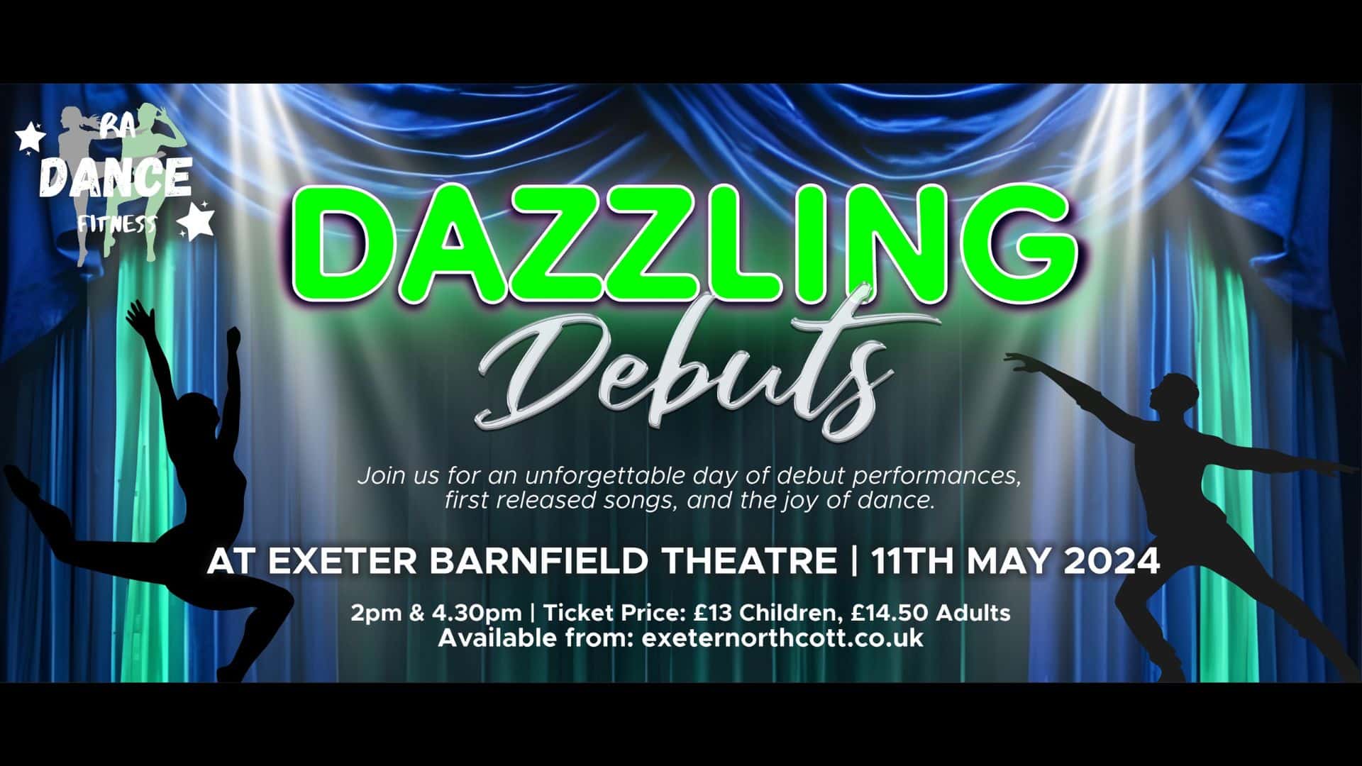 Dazzling debuts promo artwork. A blue theatre curtain background. Two silhouetted dancers in action. Neon green bubble text reads: 'Dazzling Debuts'.